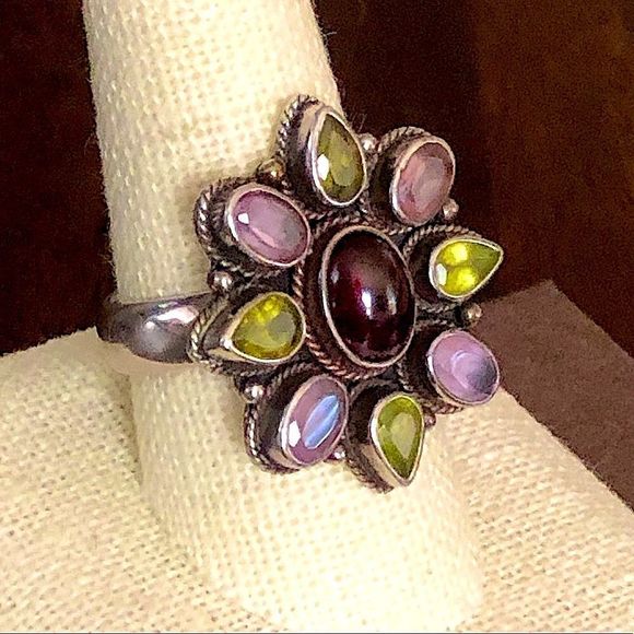 Sterling Silver Amethyst Peridot Garnet Flower Cocktail Ring Vintage - Picture 2 of 6